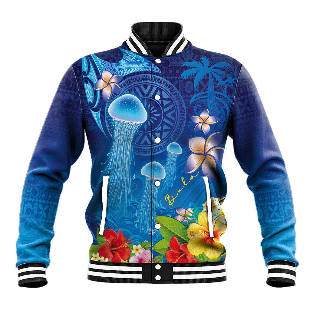 Fiji Jellyfish Baseball Jacket Tapa Patterns and Hibiscus Sea Vibe