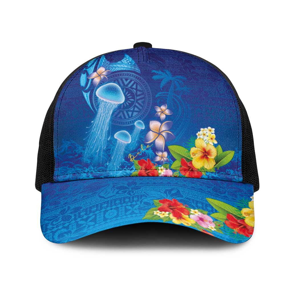 Fiji Jellyfish Baseball Net Cap Tapa Patterns and Hibiscus Sea Vibe