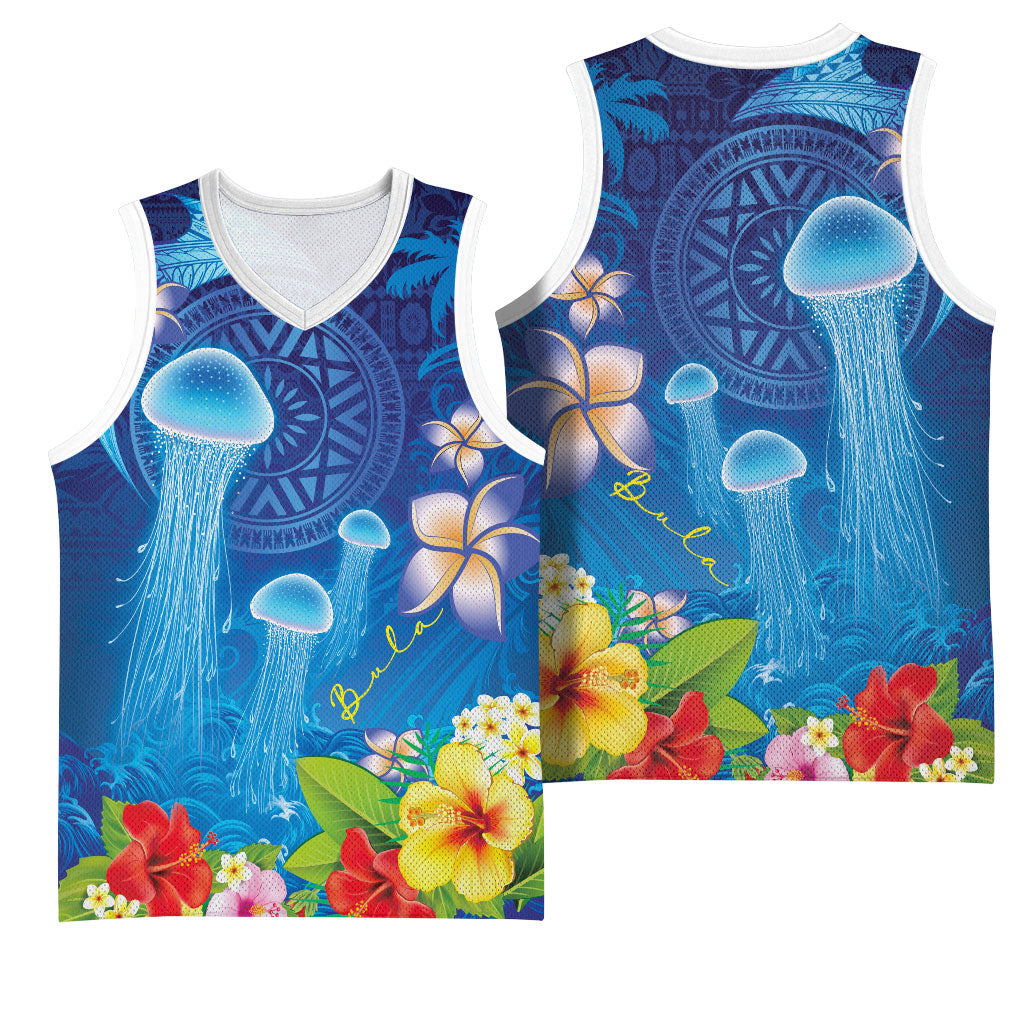 Fiji Jellyfish Basketball Jersey Tapa Patterns and Hibiscus Sea Vibe