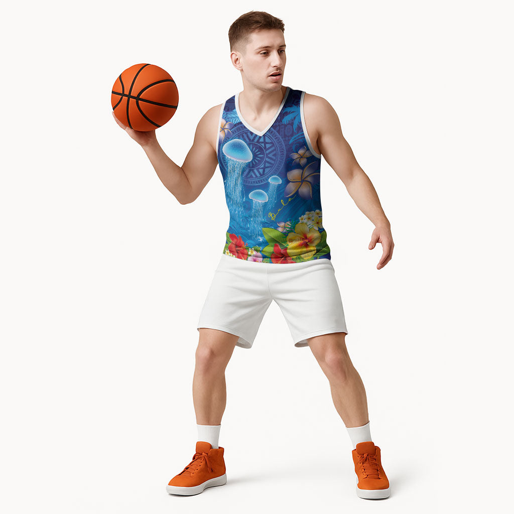 Fiji Jellyfish Basketball Jersey Tapa Patterns and Hibiscus Sea Vibe