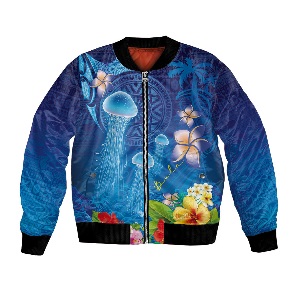 Fiji Jellyfish Bomber Jacket Tapa Patterns and Hibiscus Sea Vibe