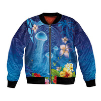 Fiji Jellyfish Bomber Jacket Tapa Patterns and Hibiscus Sea Vibe