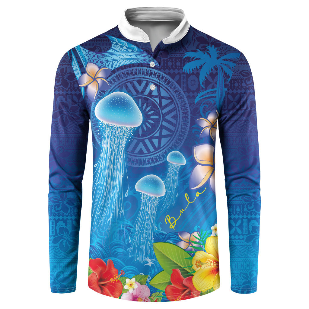 Fiji Jellyfish Button Sweatshirt Tapa Patterns and Hibiscus Sea Vibe