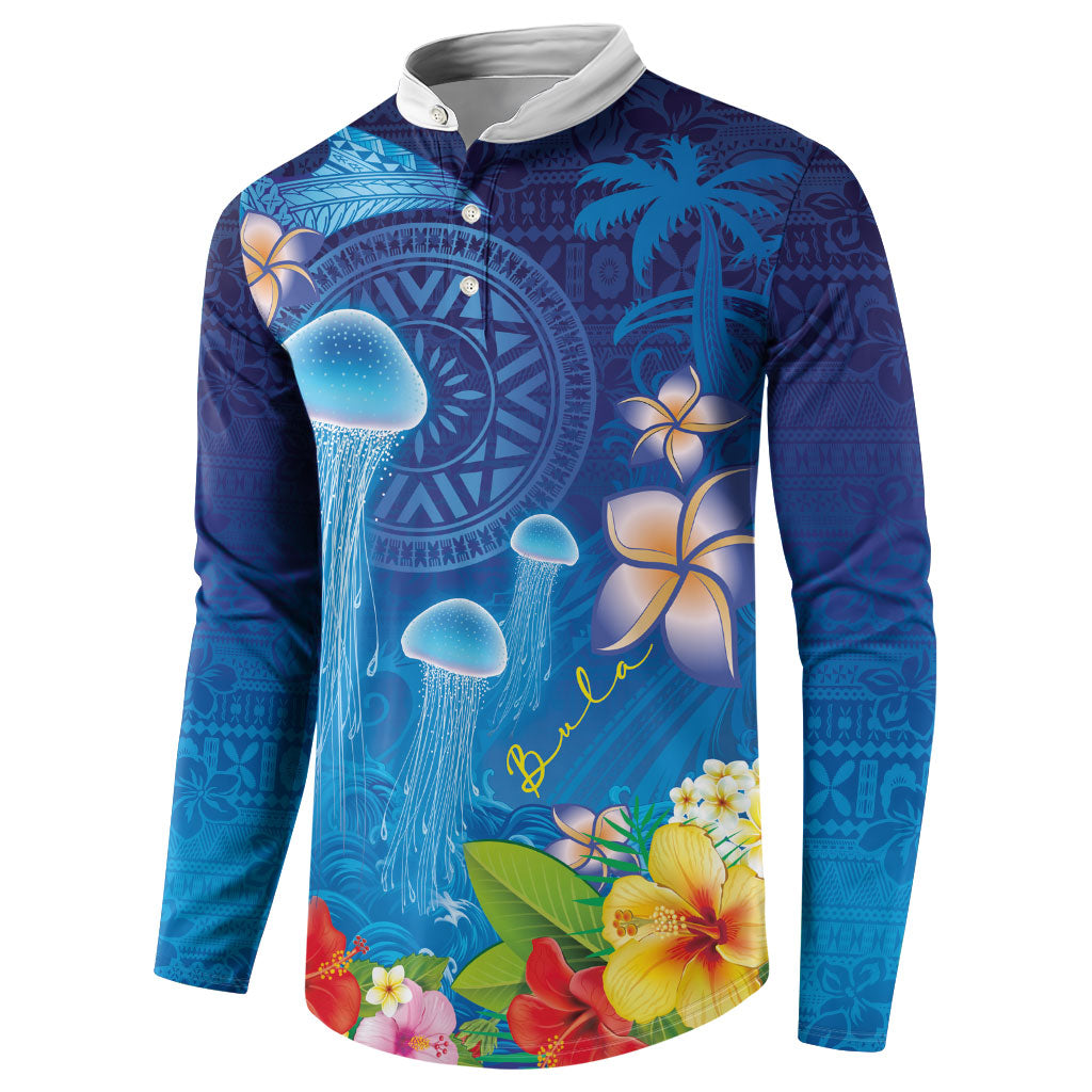 Fiji Jellyfish Button Sweatshirt Tapa Patterns and Hibiscus Sea Vibe