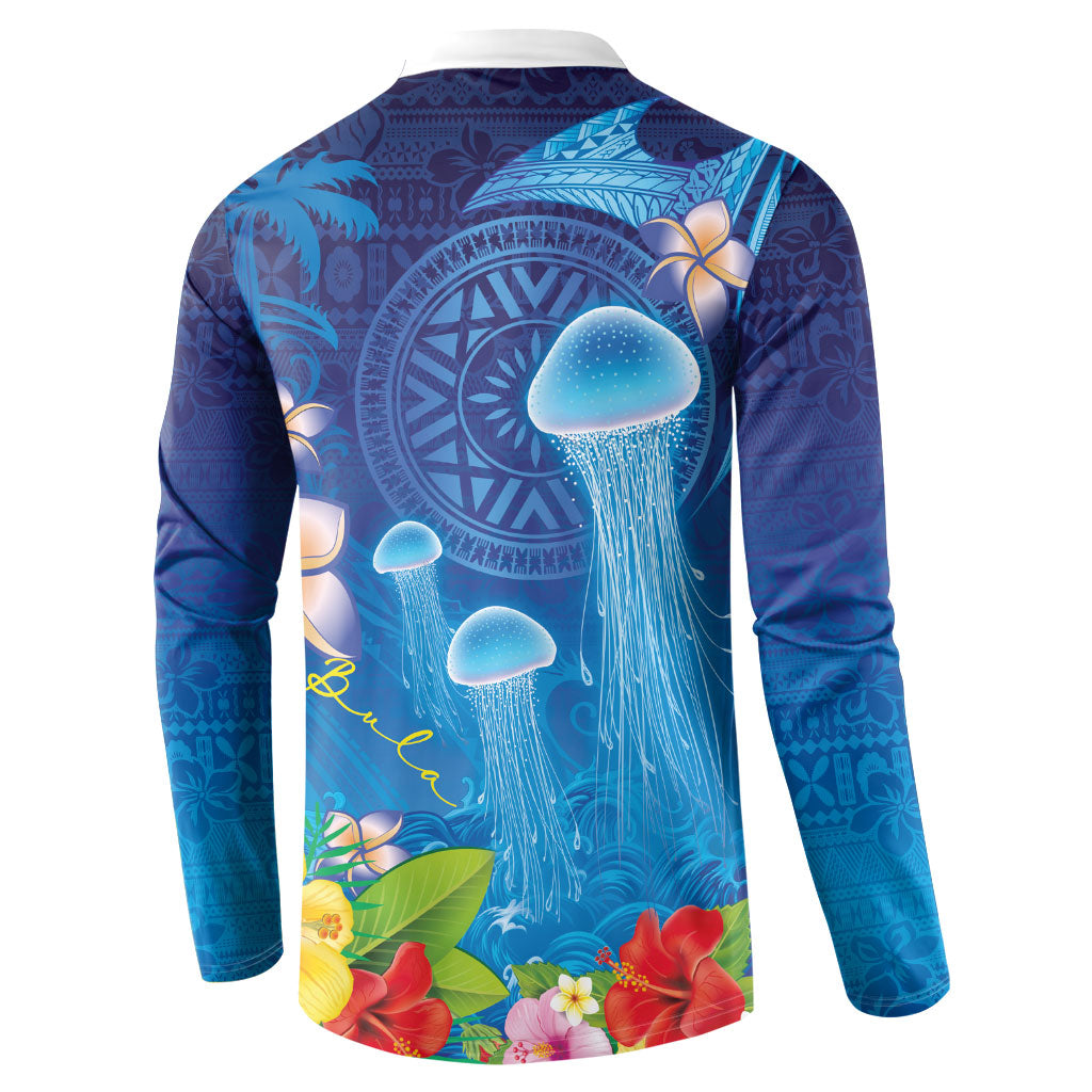 Fiji Jellyfish Button Sweatshirt Tapa Patterns and Hibiscus Sea Vibe