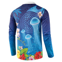 Fiji Jellyfish Button Sweatshirt Tapa Patterns and Hibiscus Sea Vibe