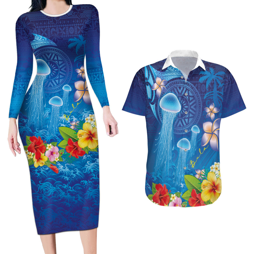 Fiji Jellyfish Couples Matching Long Sleeve Bodycon Dress and Hawaiian Shirt Tapa Patterns and Hibiscus Sea Vibe LT03 Blue - Polynesian Pride