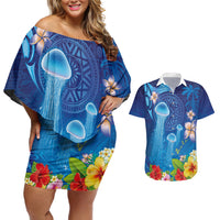 Fiji Jellyfish Couples Matching Off Shoulder Short Dress and Hawaiian Shirt Tapa Patterns and Hibiscus Sea Vibe