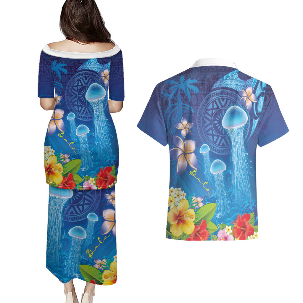 Fiji Jellyfish Couples Matching Puletasi and Hawaiian Shirt Tapa Patterns and Hibiscus Sea Vibe