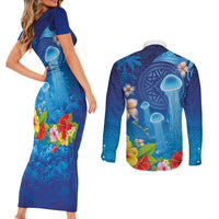 Fiji Jellyfish Couples Matching Short Sleeve Bodycon Dress and Long Sleeve Button Shirt Tapa Patterns and Hibiscus Sea Vibe