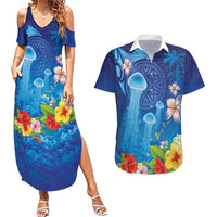 Fiji Jellyfish Couples Matching Summer Maxi Dress and Hawaiian Shirt Tapa Patterns and Hibiscus Sea Vibe