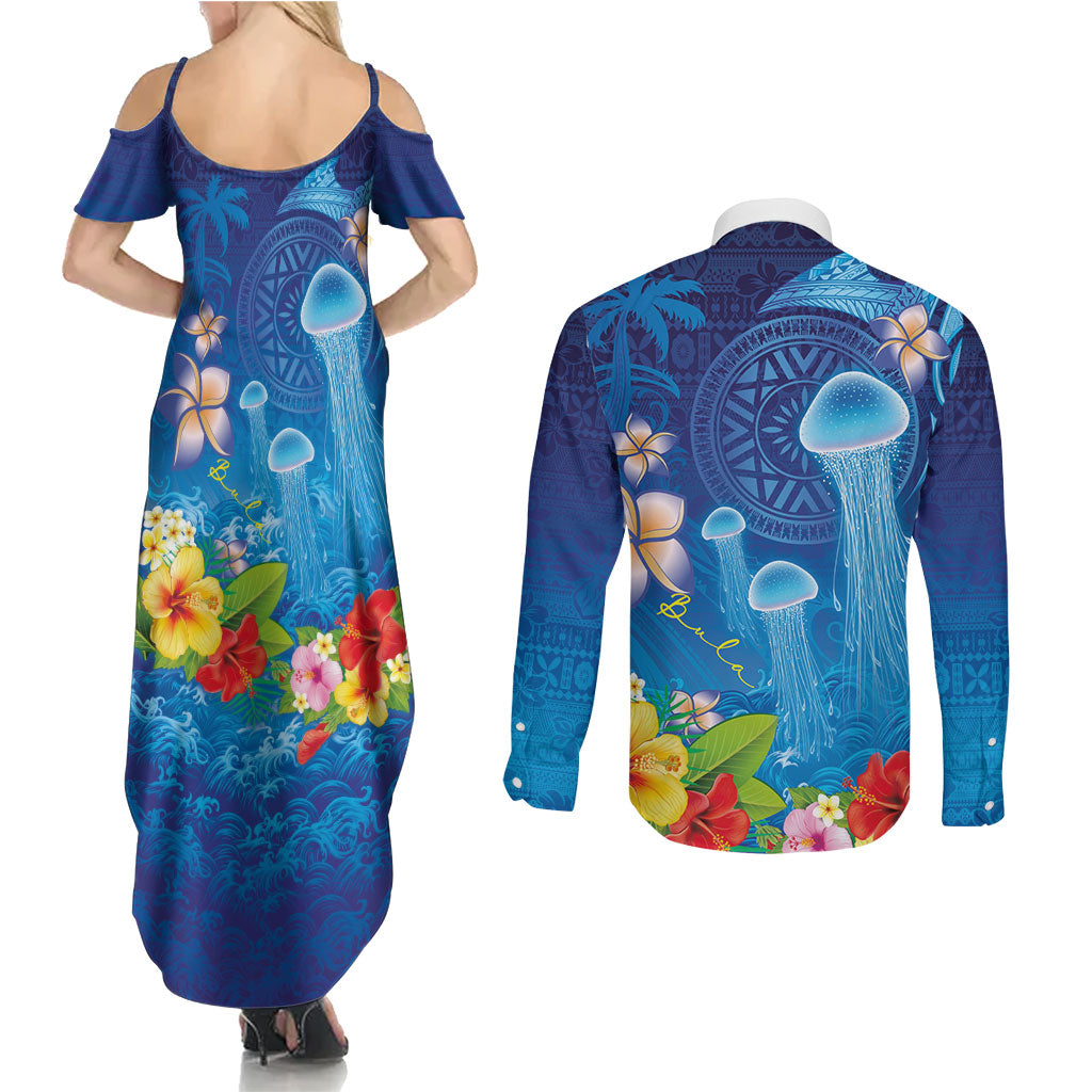 Fiji Jellyfish Couples Matching Summer Maxi Dress and Long Sleeve Button Shirt Tapa Patterns and Hibiscus Sea Vibe