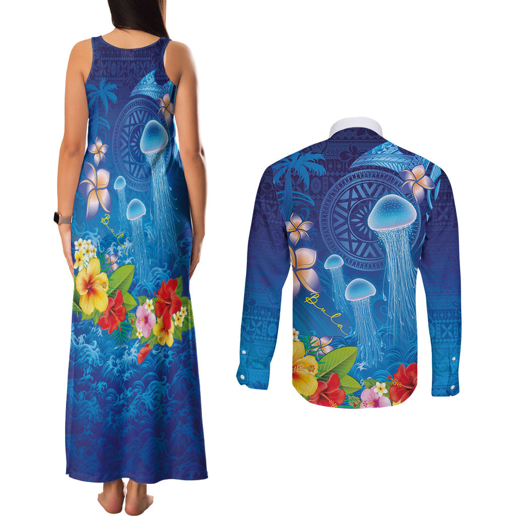 Fiji Jellyfish Couples Matching Tank Maxi Dress and Long Sleeve Button Shirt Tapa Patterns and Hibiscus Sea Vibe