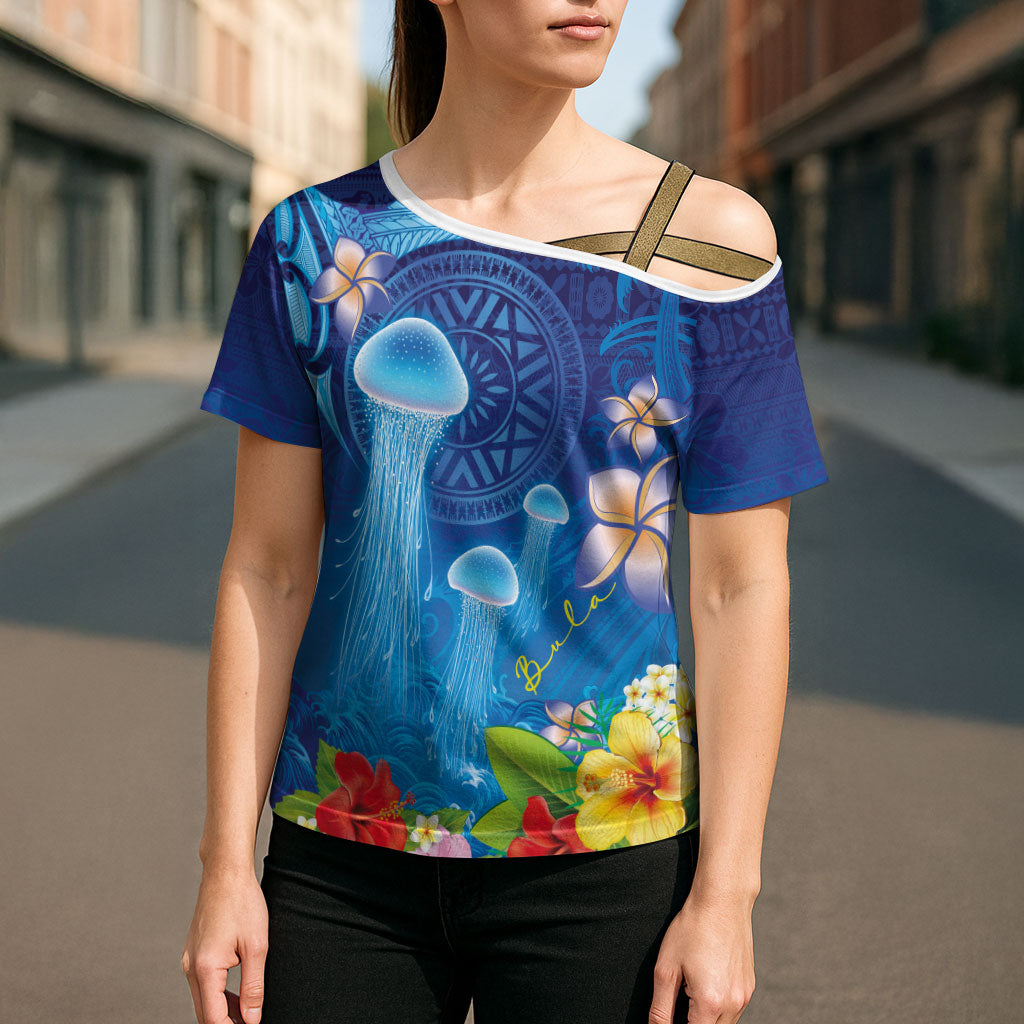 Fiji Jellyfish Cross Shoulder Shirt Tapa Patterns and Hibiscus Sea Vibe