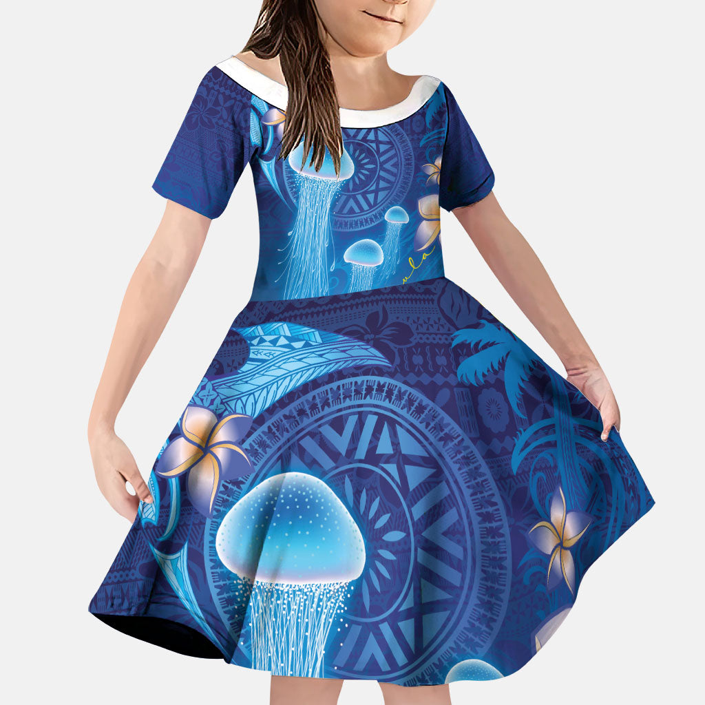 Fiji Jellyfish Family Matching Long Sleeve Bodycon Dress and Hawaiian Shirt Tapa Patterns and Hibiscus Sea Vibe LT03 Daughter's Dress Blue - Polynesian Pride