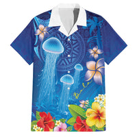 Fiji Jellyfish Family Matching Long Sleeve Bodycon Dress and Hawaiian Shirt Tapa Patterns and Hibiscus Sea Vibe LT03 Dad's Shirt - Short Sleeve Blue - Polynesian Pride