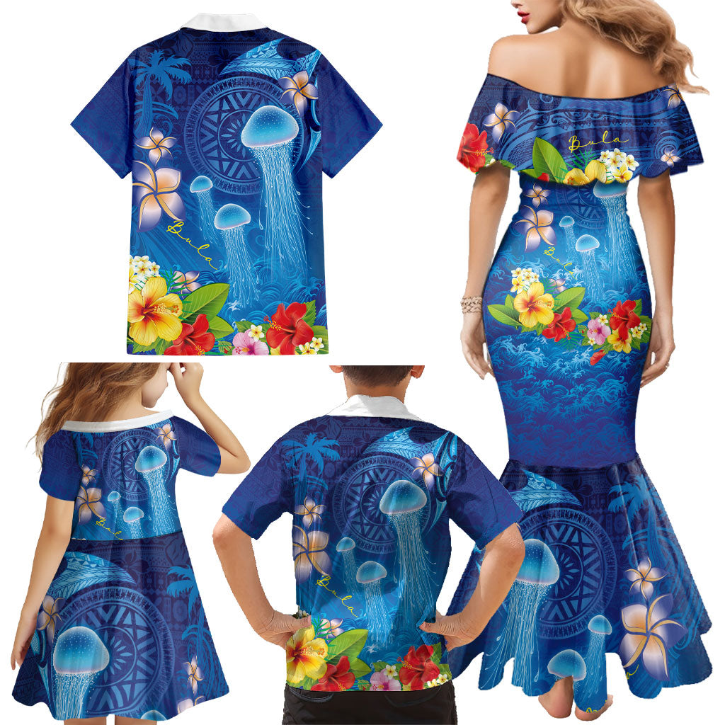 Fiji Jellyfish Family Matching Mermaid Dress and Hawaiian Shirt Tapa Patterns and Hibiscus Sea Vibe LT03 - Polynesian Pride