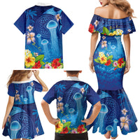 Fiji Jellyfish Family Matching Mermaid Dress and Hawaiian Shirt Tapa Patterns and Hibiscus Sea Vibe LT03 - Polynesian Pride