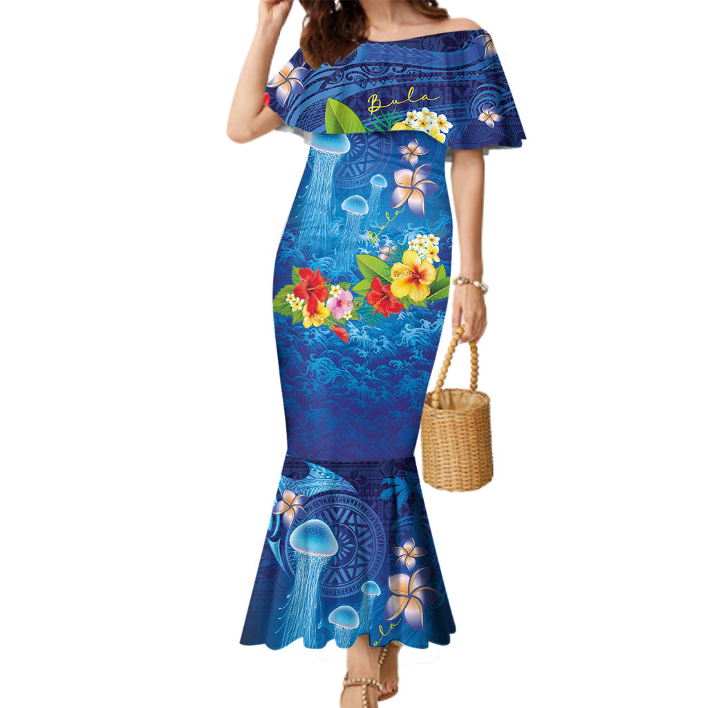 Fiji Jellyfish Family Matching Mermaid Dress and Hawaiian Shirt Tapa Patterns and Hibiscus Sea Vibe LT03 Mom's Dress Blue - Polynesian Pride
