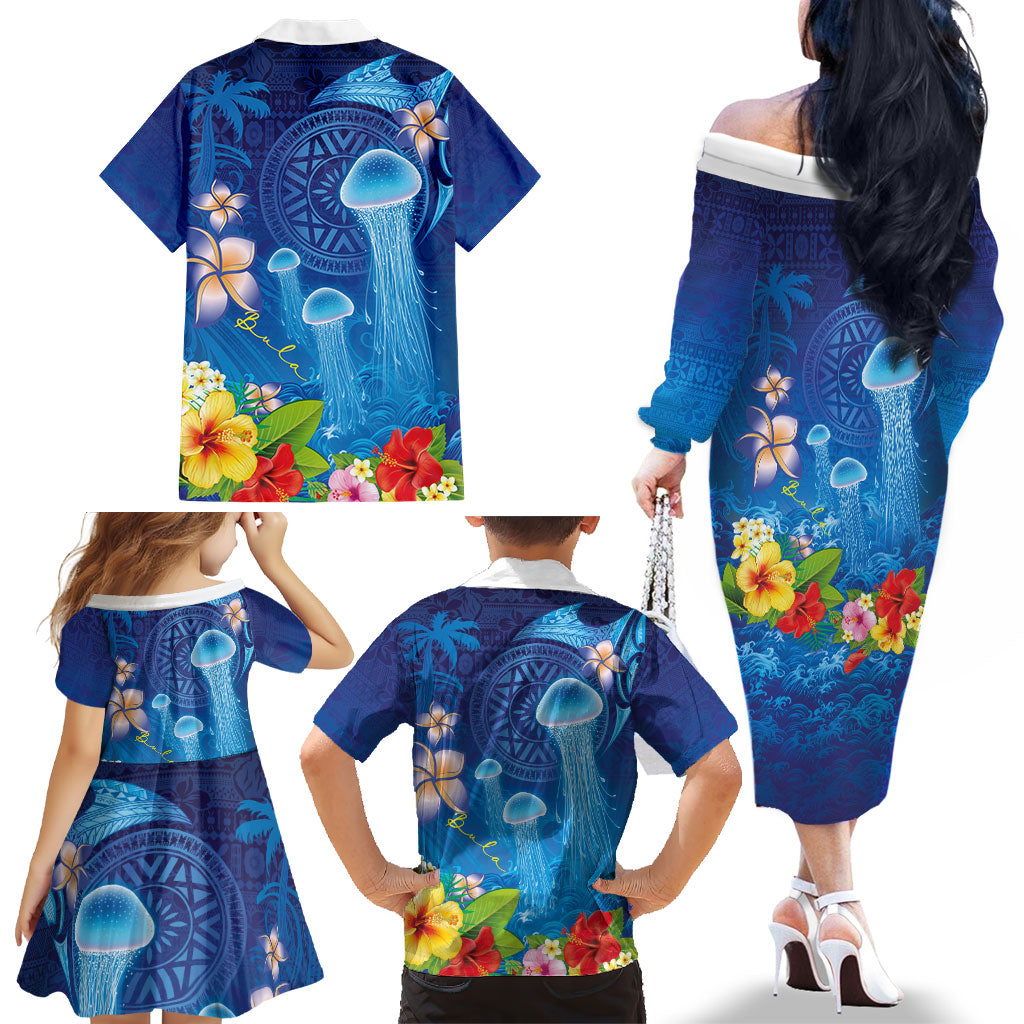 Fiji Jellyfish Family Matching Off The Shoulder Long Sleeve Dress and Hawaiian Shirt Tapa Patterns and Hibiscus Sea Vibe LT03 - Polynesian Pride