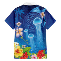 Fiji Jellyfish Family Matching Off The Shoulder Long Sleeve Dress and Hawaiian Shirt Tapa Patterns and Hibiscus Sea Vibe LT03 - Polynesian Pride