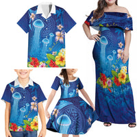 Fiji Jellyfish Family Matching Off Shoulder Maxi Dress and Hawaiian Shirt Tapa Patterns and Hibiscus Sea Vibe