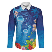 Fiji Jellyfish Family Matching Off Shoulder Maxi Dress and Hawaiian Shirt Tapa Patterns and Hibiscus Sea Vibe