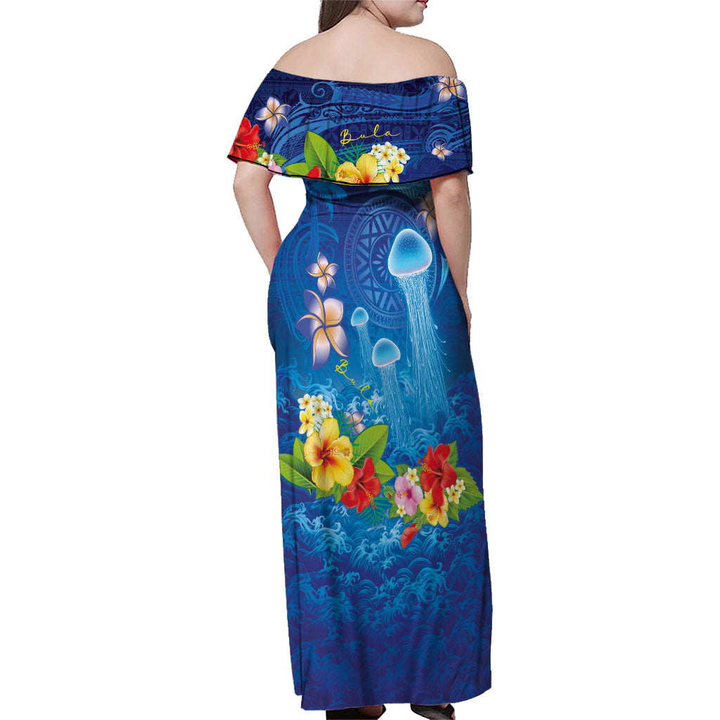 Fiji Jellyfish Family Matching Off Shoulder Maxi Dress and Hawaiian Shirt Tapa Patterns and Hibiscus Sea Vibe
