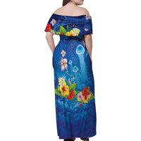 Fiji Jellyfish Family Matching Off Shoulder Maxi Dress and Hawaiian Shirt Tapa Patterns and Hibiscus Sea Vibe