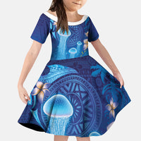 Fiji Jellyfish Family Matching Off Shoulder Short Dress and Hawaiian Shirt Tapa Patterns and Hibiscus Sea Vibe