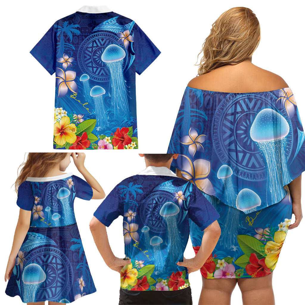 Fiji Jellyfish Family Matching Off Shoulder Short Dress and Hawaiian Shirt Tapa Patterns and Hibiscus Sea Vibe