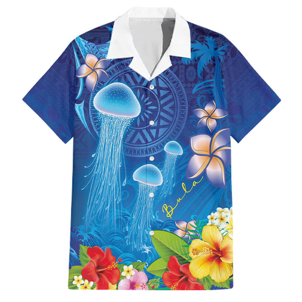 Fiji Jellyfish Family Matching Off Shoulder Short Dress and Hawaiian Shirt Tapa Patterns and Hibiscus Sea Vibe