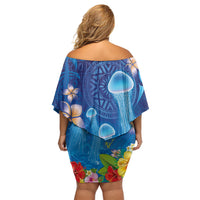 Fiji Jellyfish Family Matching Off Shoulder Short Dress and Hawaiian Shirt Tapa Patterns and Hibiscus Sea Vibe