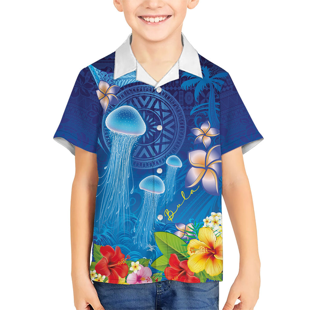 Fiji Jellyfish Family Matching Off Shoulder Short Dress and Hawaiian Shirt Tapa Patterns and Hibiscus Sea Vibe
