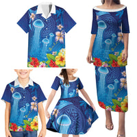 Fiji Jellyfish Family Matching Puletasi and Hawaiian Shirt Tapa Patterns and Hibiscus Sea Vibe LT03 - Polynesian Pride