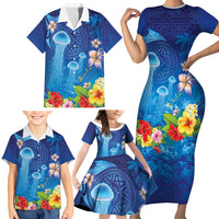 Fiji Jellyfish Family Matching Short Sleeve Bodycon Dress and Hawaiian Shirt Tapa Patterns and Hibiscus Sea Vibe LT03 - Polynesian Pride