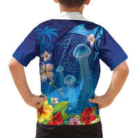 Fiji Jellyfish Family Matching Tank Maxi Dress and Hawaiian Shirt Tapa Patterns and Hibiscus Sea Vibe LT03 - Polynesian Pride