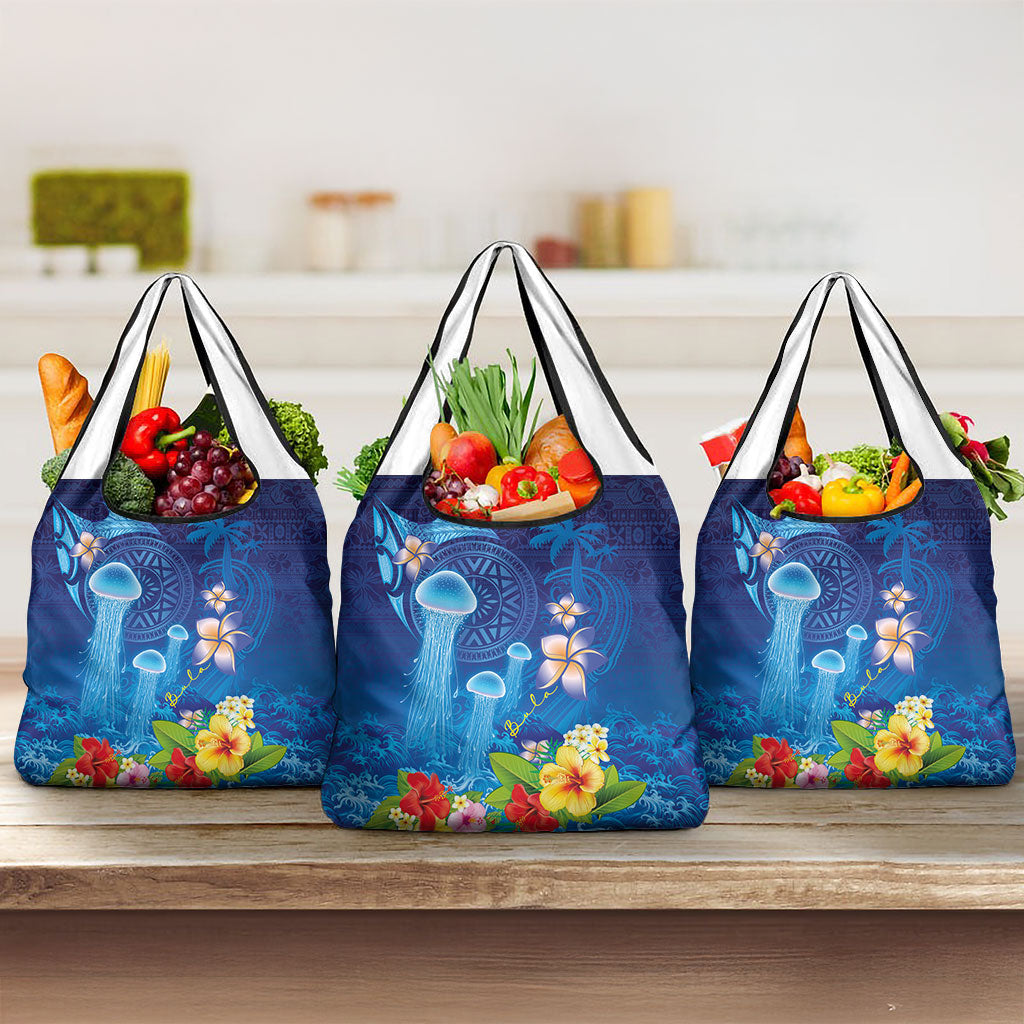 Fiji Jellyfish Grocery Bag Tapa Patterns and Hibiscus Sea Vibe