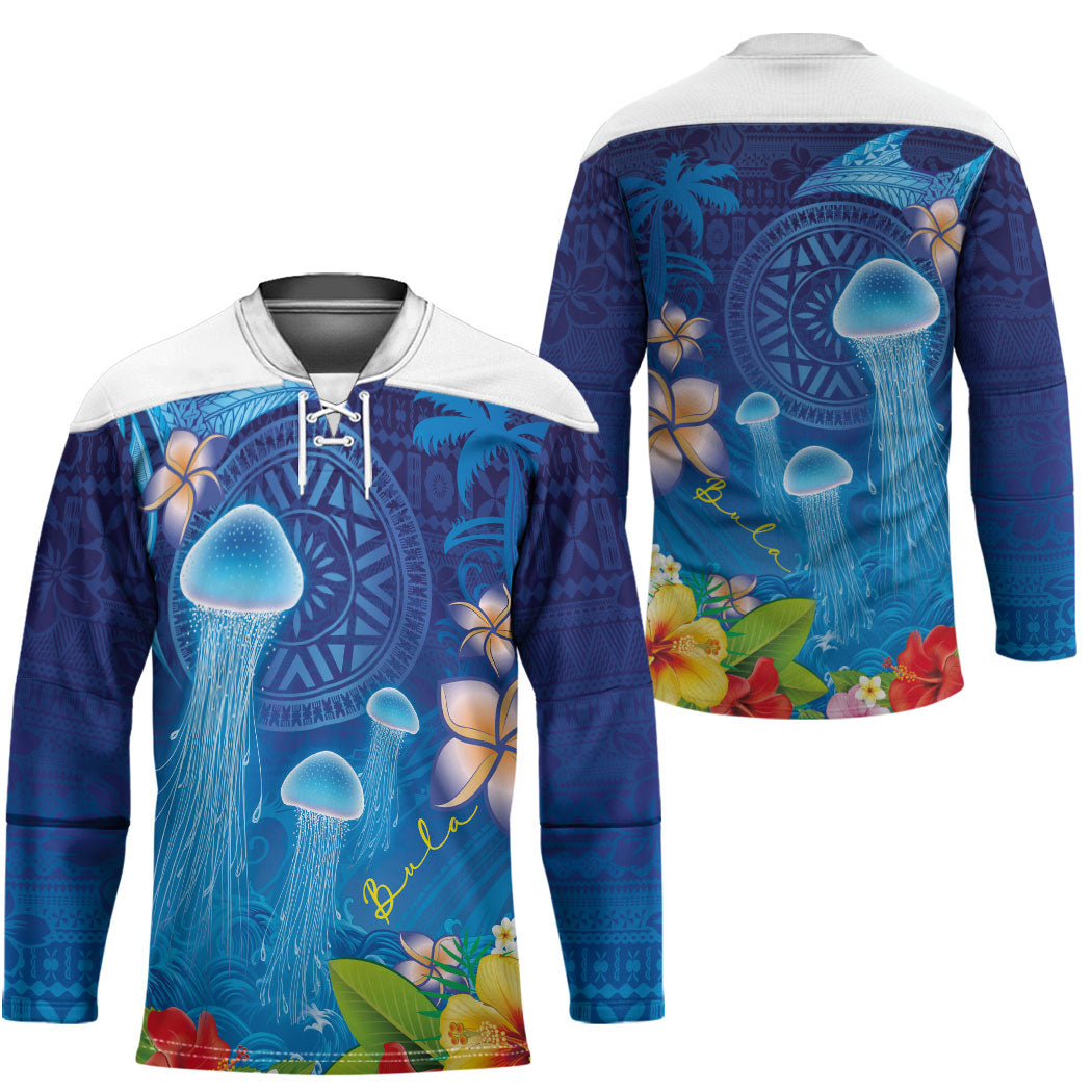 Fiji Jellyfish Hockey Jersey Tapa Patterns and Hibiscus Sea Vibe