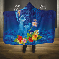 Fiji Jellyfish Hooded Blanket Tapa Patterns and Hibiscus Sea Vibe