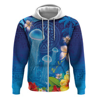 Fiji Jellyfish Hoodie Tapa Patterns and Hibiscus Sea Vibe