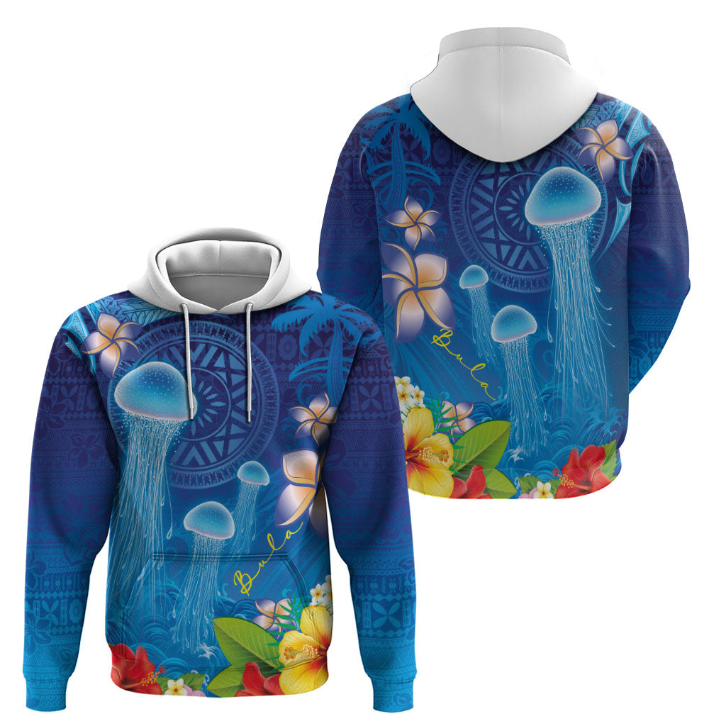 Fiji Jellyfish Hoodie Tapa Patterns and Hibiscus Sea Vibe