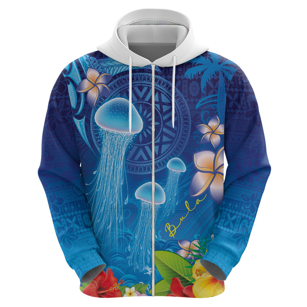 Fiji Jellyfish Hoodie Tapa Patterns and Hibiscus Sea Vibe