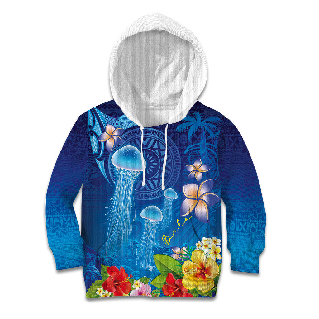 Fiji Jellyfish Kid Hoodie Tapa Patterns and Hibiscus Sea Vibe