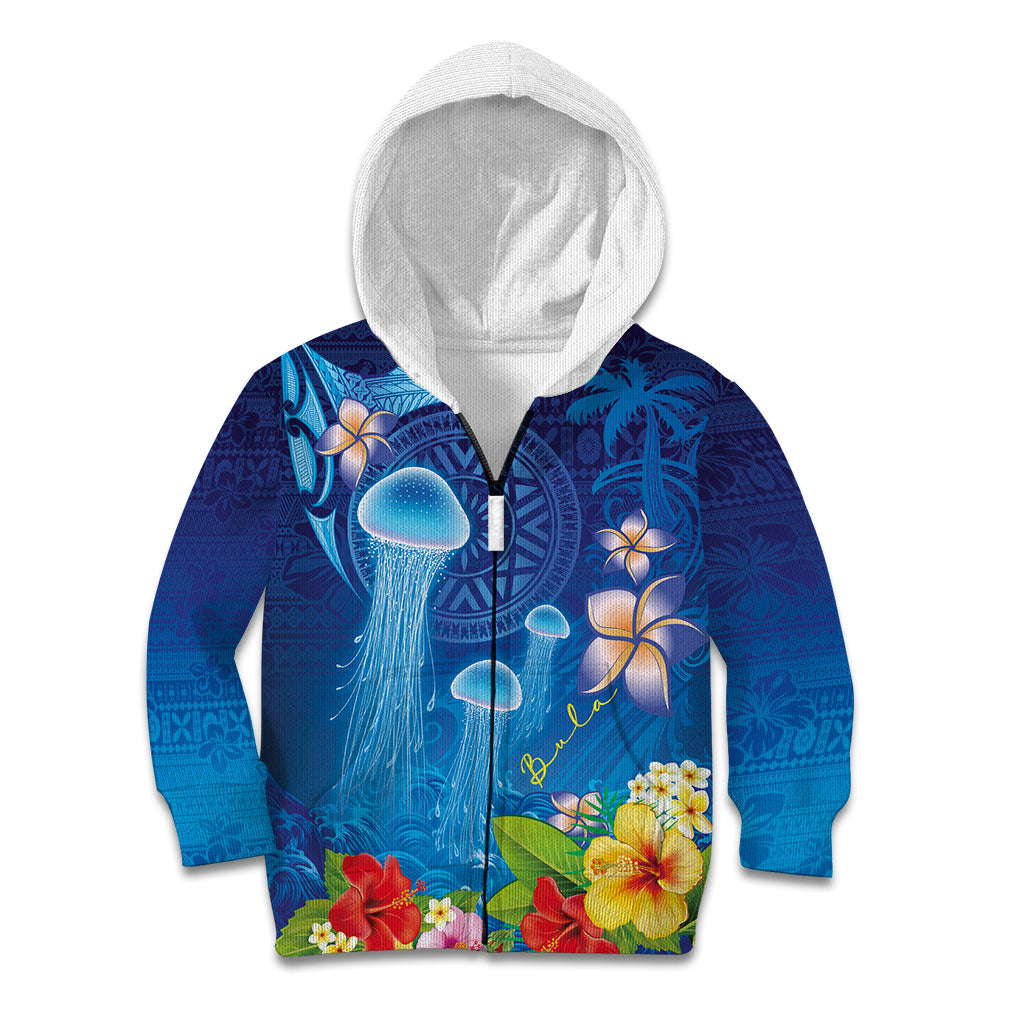 Fiji Jellyfish Kid Hoodie Tapa Patterns and Hibiscus Sea Vibe