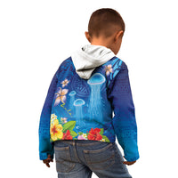 Fiji Jellyfish Kid Hoodie Tapa Patterns and Hibiscus Sea Vibe