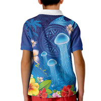 Fiji Jellyfish Kid Polo Shirt Tapa Patterns and Hibiscus Sea Vibe