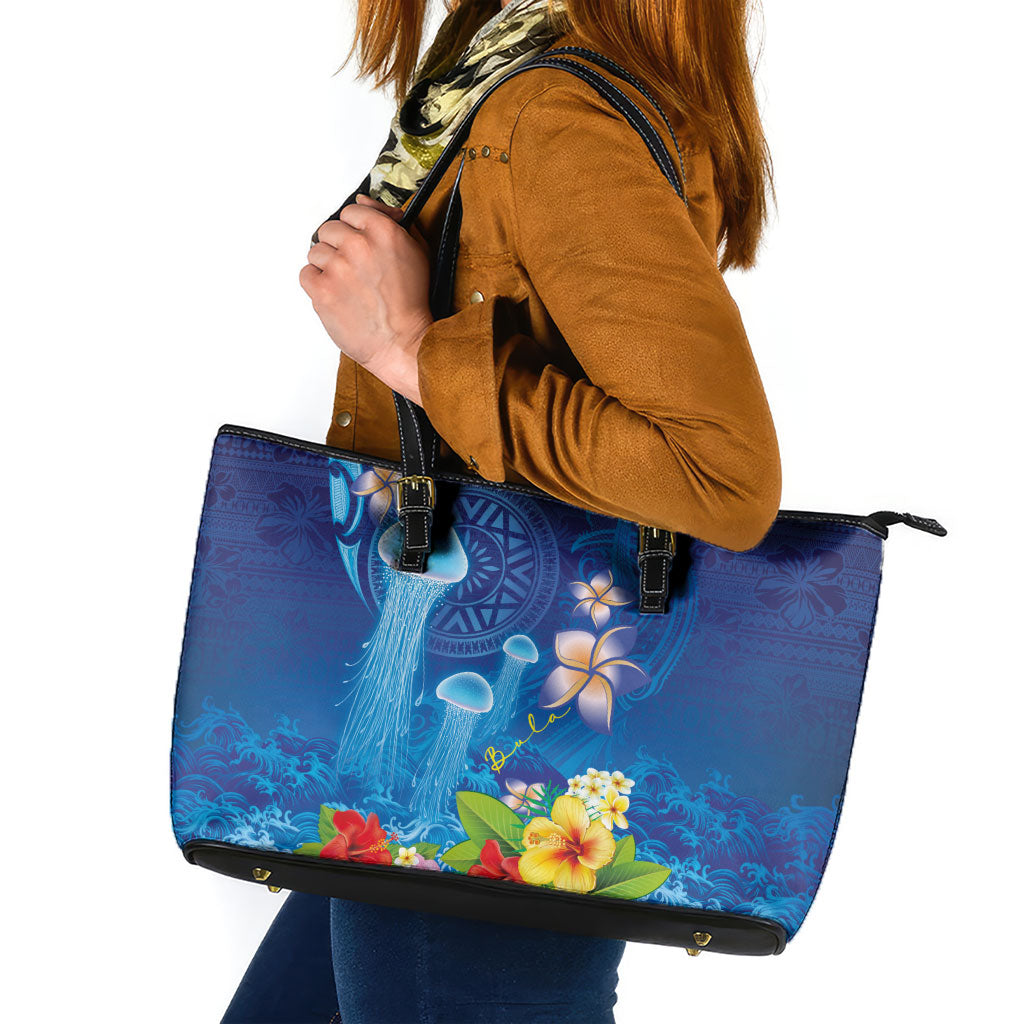 Fiji Jellyfish Leather Tote Bag Tapa Patterns and Hibiscus Sea Vibe