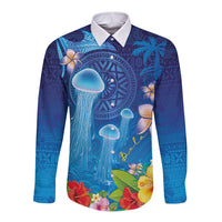Fiji Jellyfish Long Sleeve Button Shirt Tapa Patterns and Hibiscus Sea Vibe