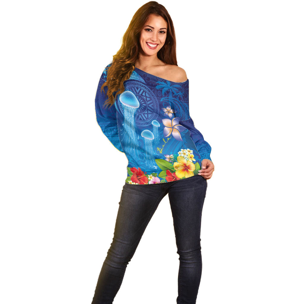 Fiji Jellyfish Off Shoulder Sweater Tapa Patterns and Hibiscus Sea Vibe